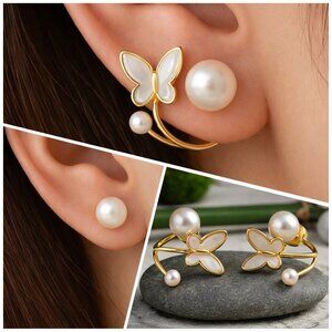Gold Butterfly Pearl Ear Climbers 2-in-1 Hypoallergenic Enamel Jackets Studs